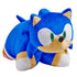Blue plush toy with a white face and red, yellow, and blue stripes on its feet against a white background