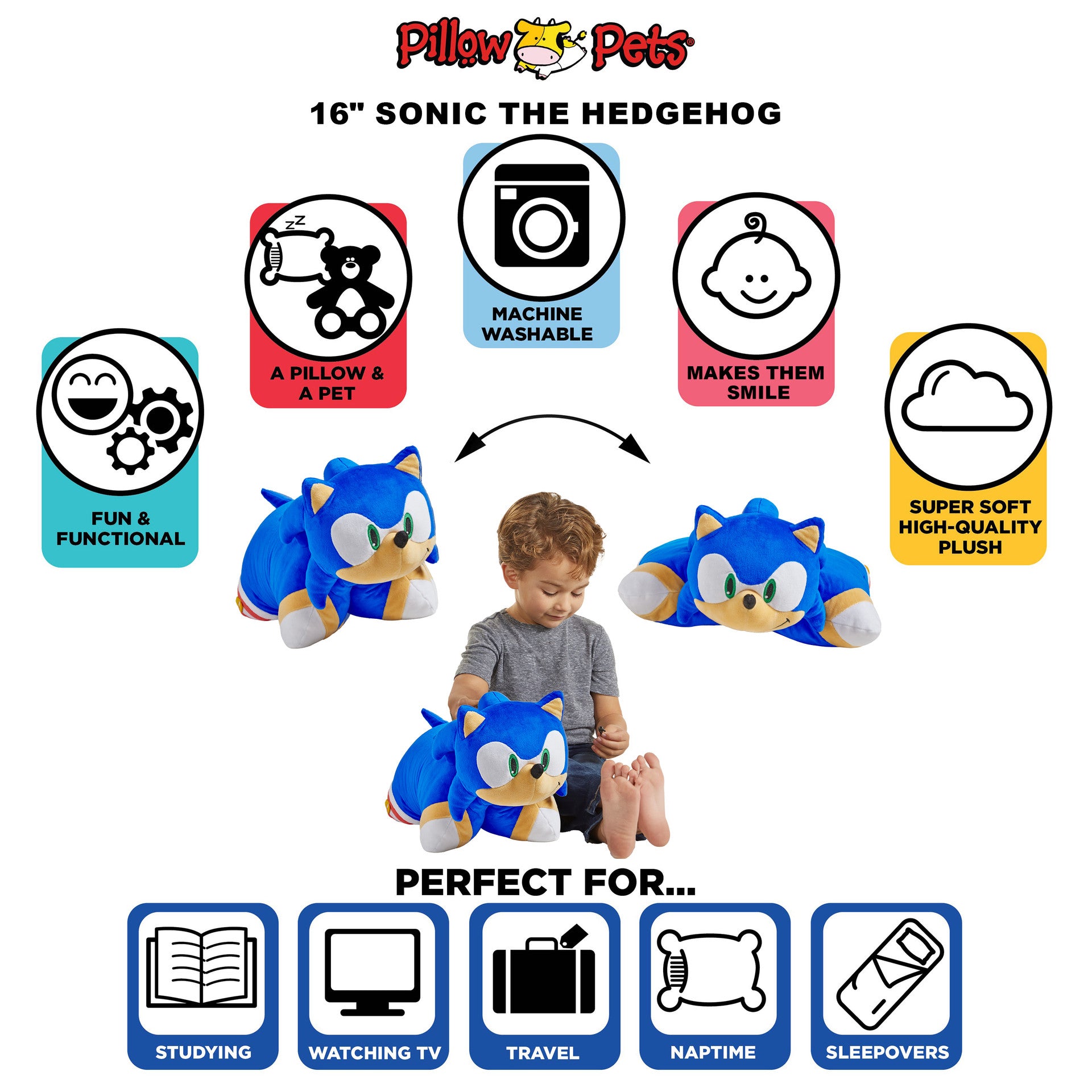 16-inch Sonic the Hedgehog Pillow Pet with features and benefits on a white background