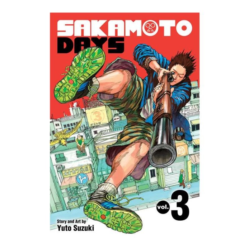 Front cover of the manga volume 'Sakamoto Days vol. 3' by Yuto Suzuki, featuring an illustrated action scene with a man using a large telescope against a red title banner and cityscape background.