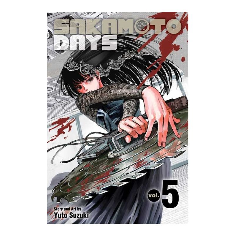 Sakamoto Days Volume 5 manga book cover by Yuto Suzuki, featuring a dynamic illustration of a character with a chainsaw and blood splatters on a white background.