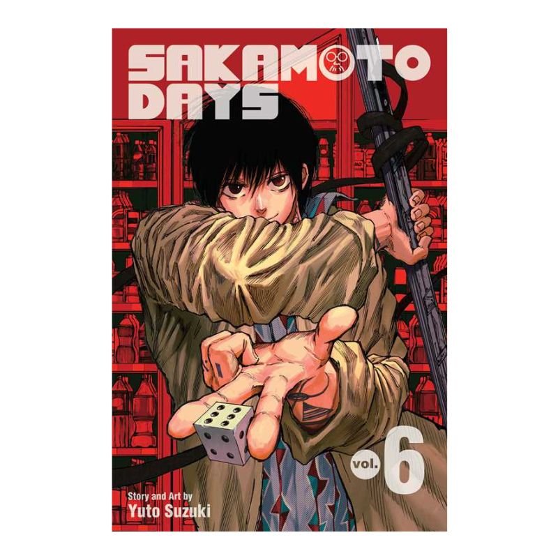 Sakamoto Days Volume 6 manga book cover by Yuto Suzuki, featuring an illustrated character in a brown jacket holding a gun and a die, with a red background and white title text.