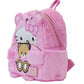 Fuzzy Hello Kitty cosplay backpack with teddy bear ears and embroidered details

