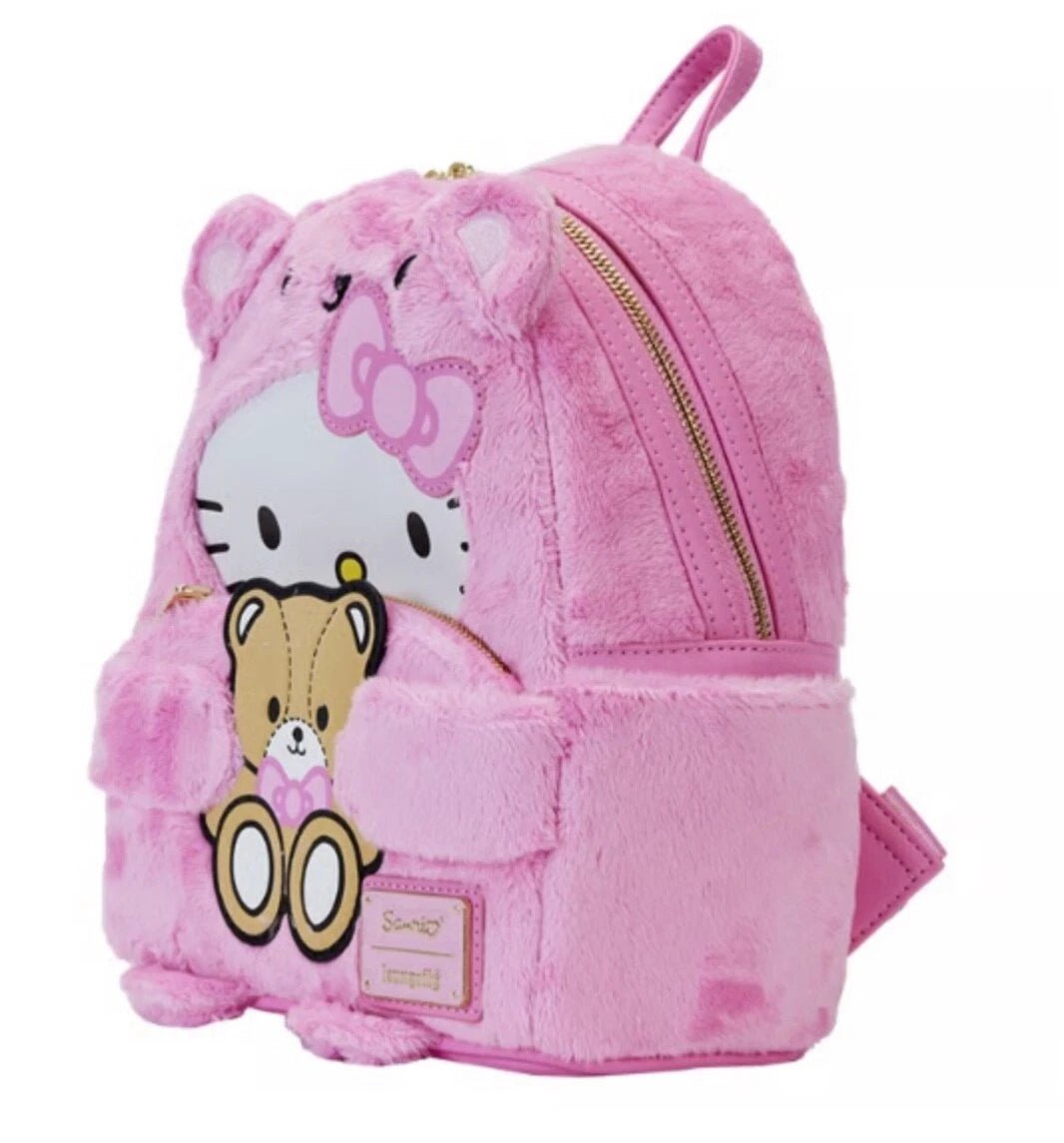 Fuzzy Hello Kitty cosplay backpack with teddy bear ears and embroidered details

