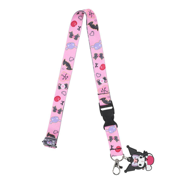 Pink lanyard with cartoon character end piece on a white background