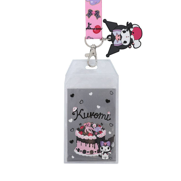 Kuromi character keychain with cake design on a clear card
