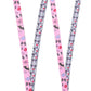 Two pink and gray lanyards with cartoon character patterns on a white background