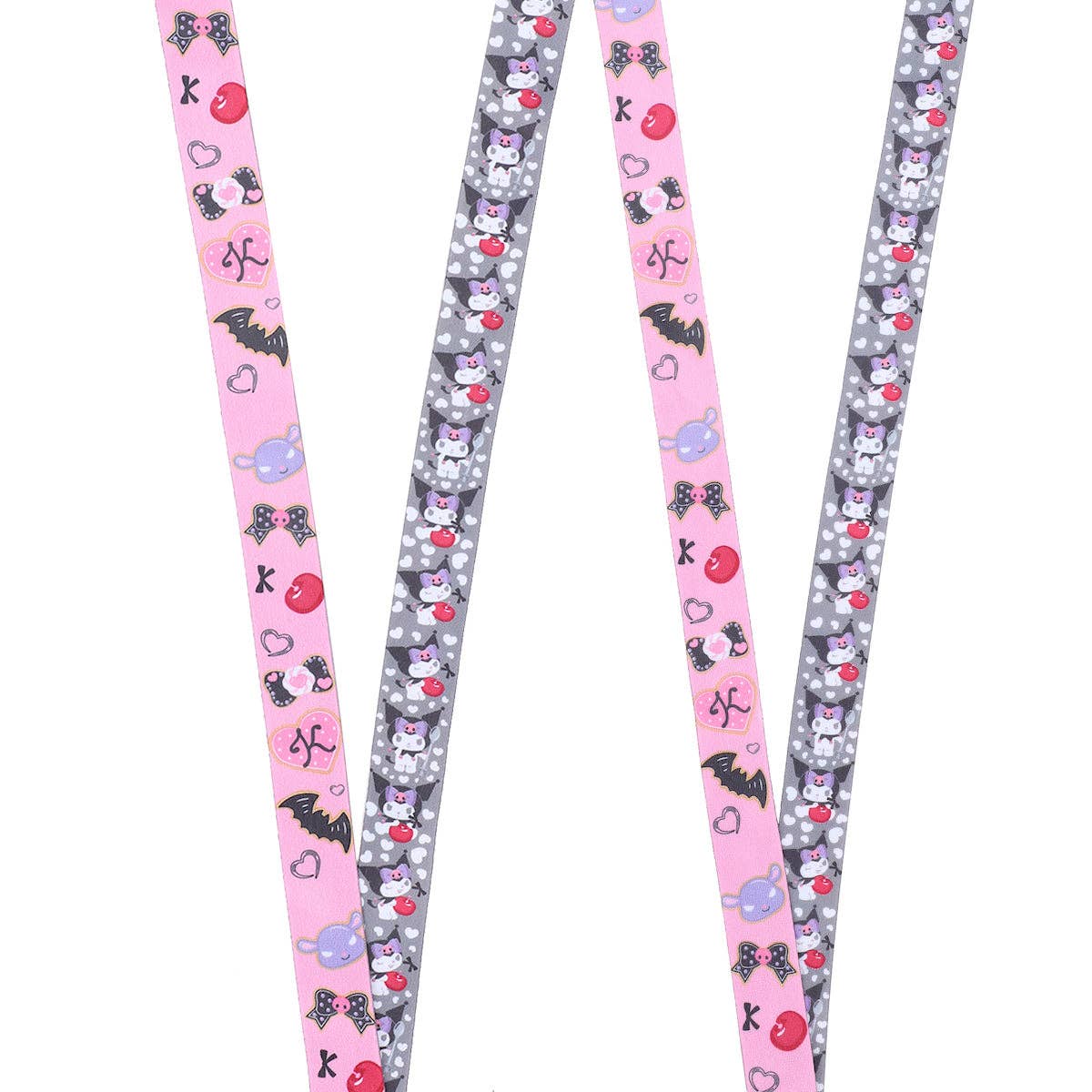 Two pink and gray lanyards with cartoon character patterns on a white background