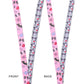 Two lanyards with pink and gray designs featuring cartoon characters on a white background.