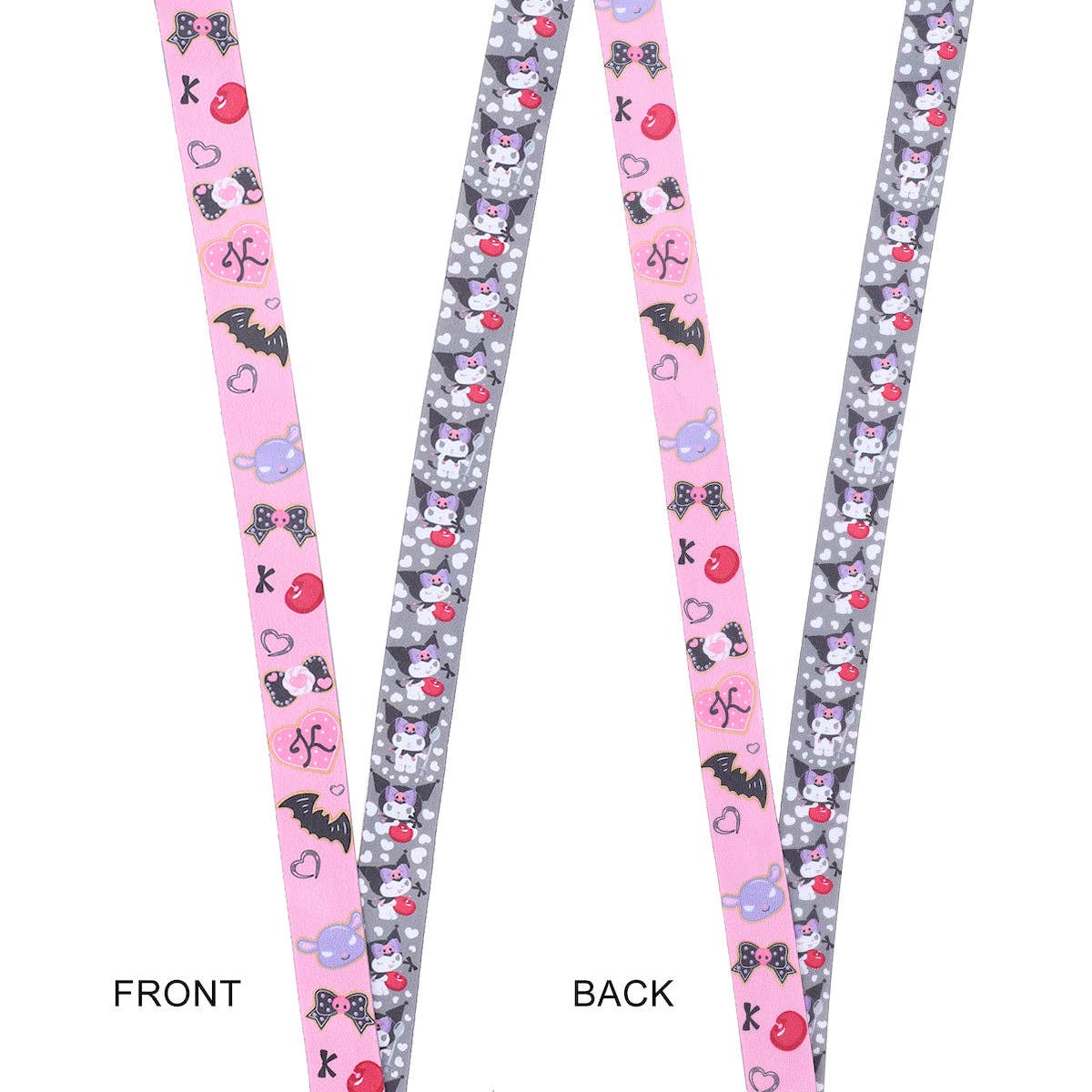 Two lanyards with pink and gray designs featuring cartoon characters on a white background.