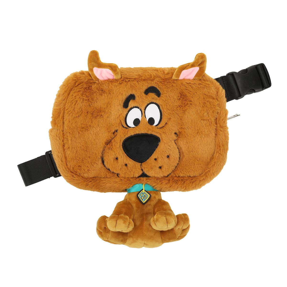 Plush bag shaped like a cartoon character with a black strap on a white background