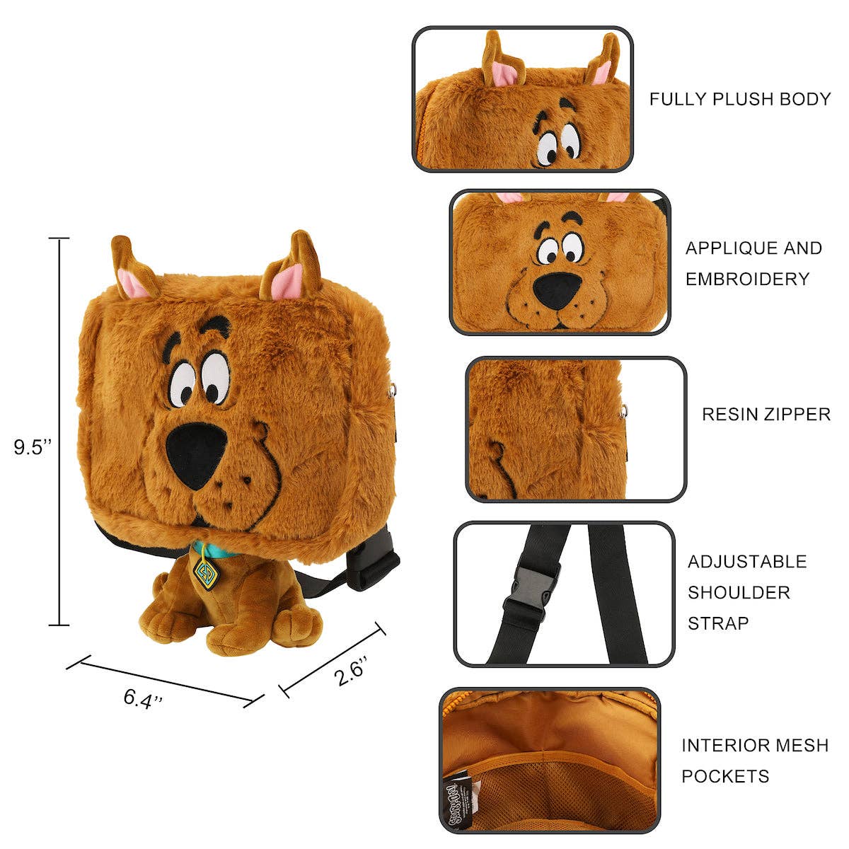 Plush backpack with Scooby-Doo design, showing features and measurements on a white background.