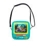 Teal crossbody bag with animated character display on a white background