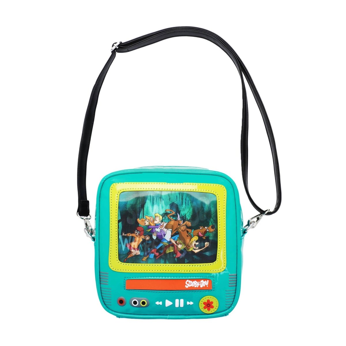 Teal crossbody bag with animated character display on a white background