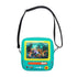 Teal crossbody bag with animated character display on a white background
