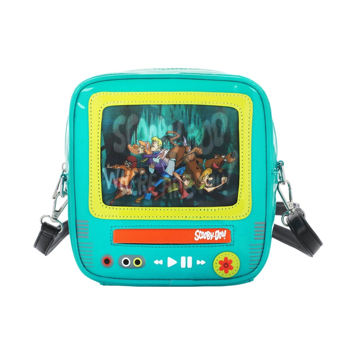 Teal vintage TV-shaped bag with Scooby-Doo characters on a screen, on a white background