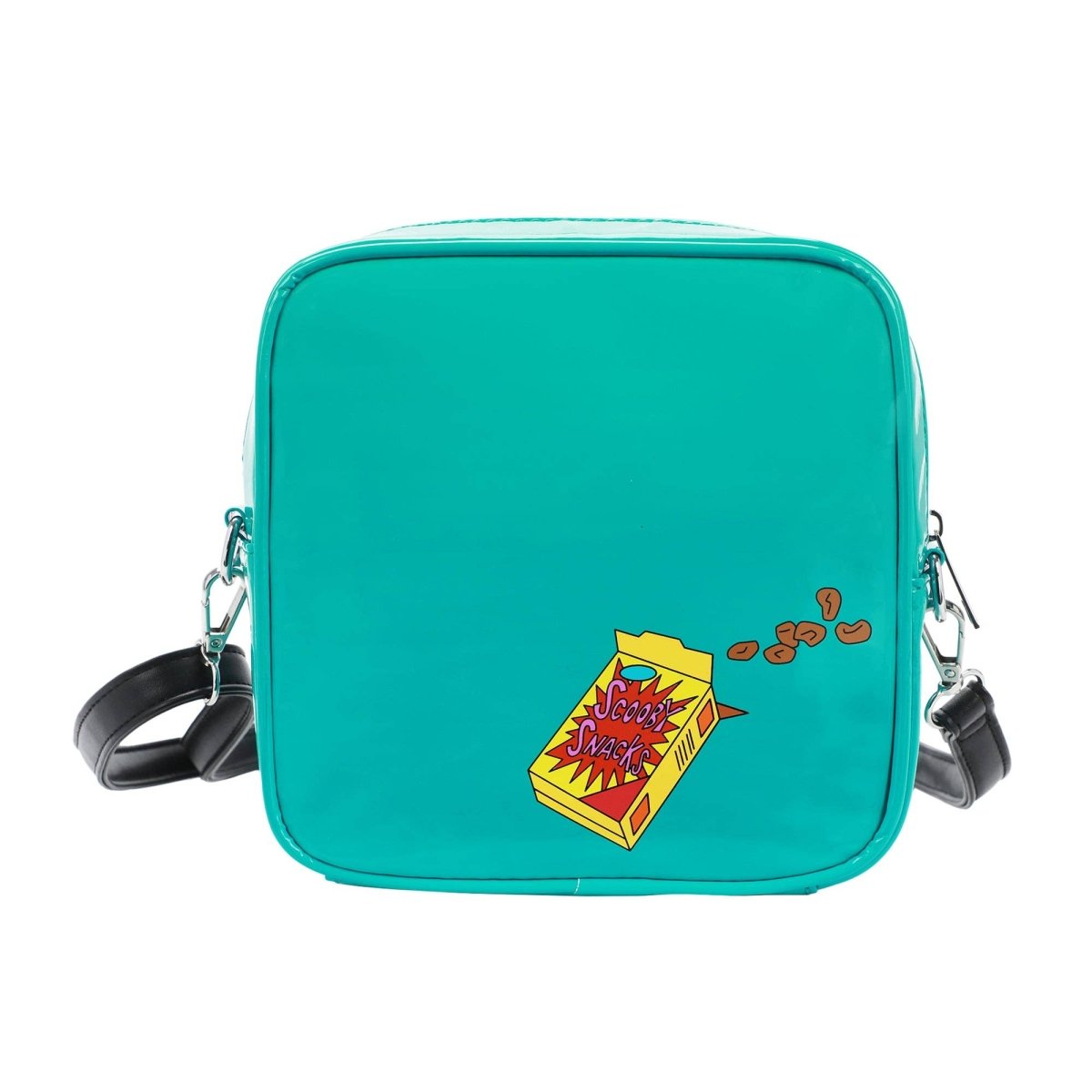 Teal square crossbody bag with a graphic design on a white background