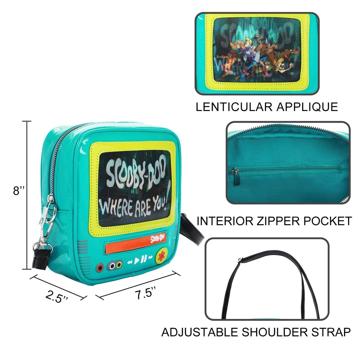 Teal bag with Scooby-Doo design, featuring a lenticular applique, interior zipper pocket, and adjustable shoulder strap.