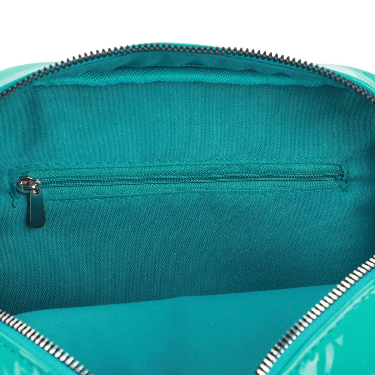 Close-up of a teal bag with a zipper