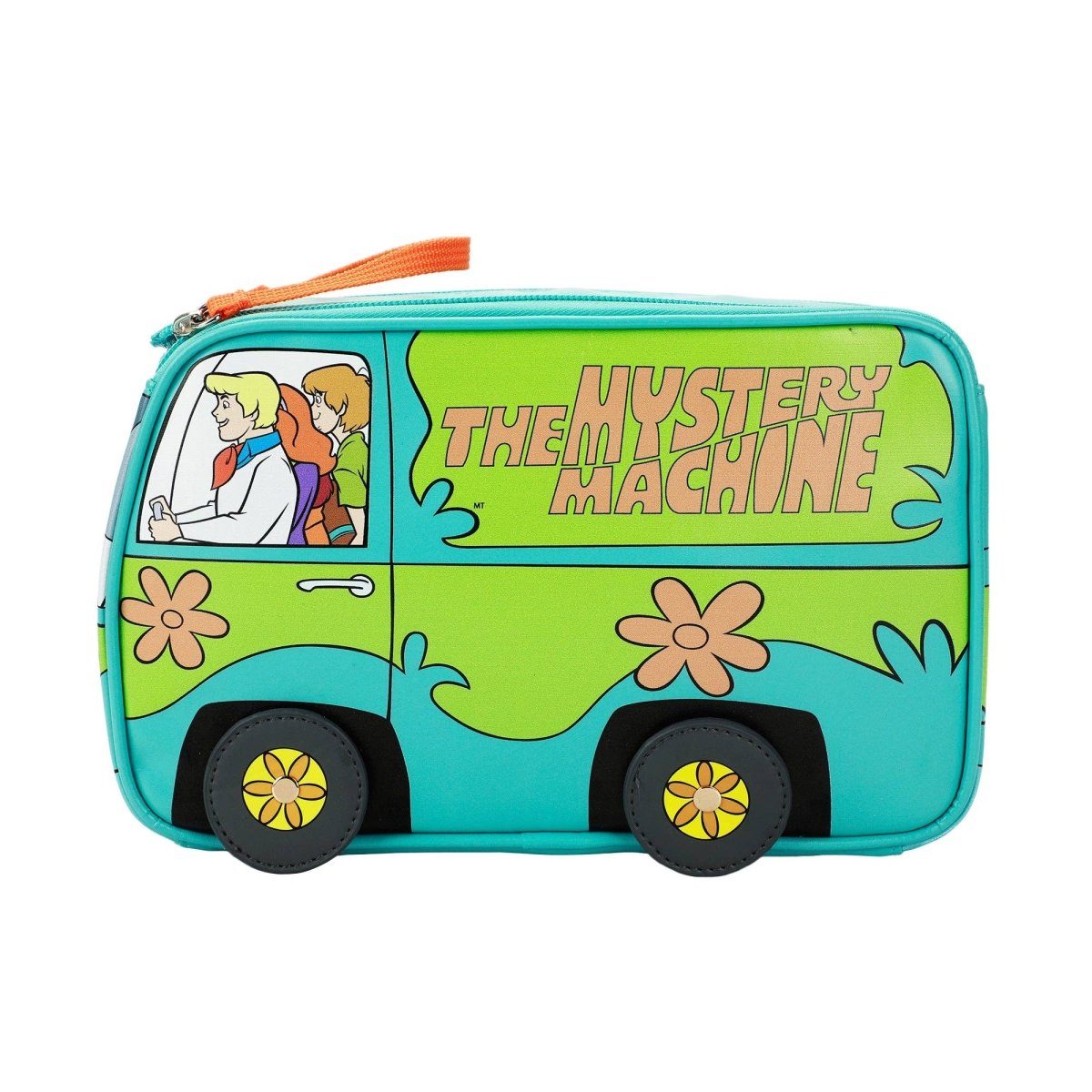 Animated vehicle-shaped pouch with 'The Mystery Machine' text on a white background