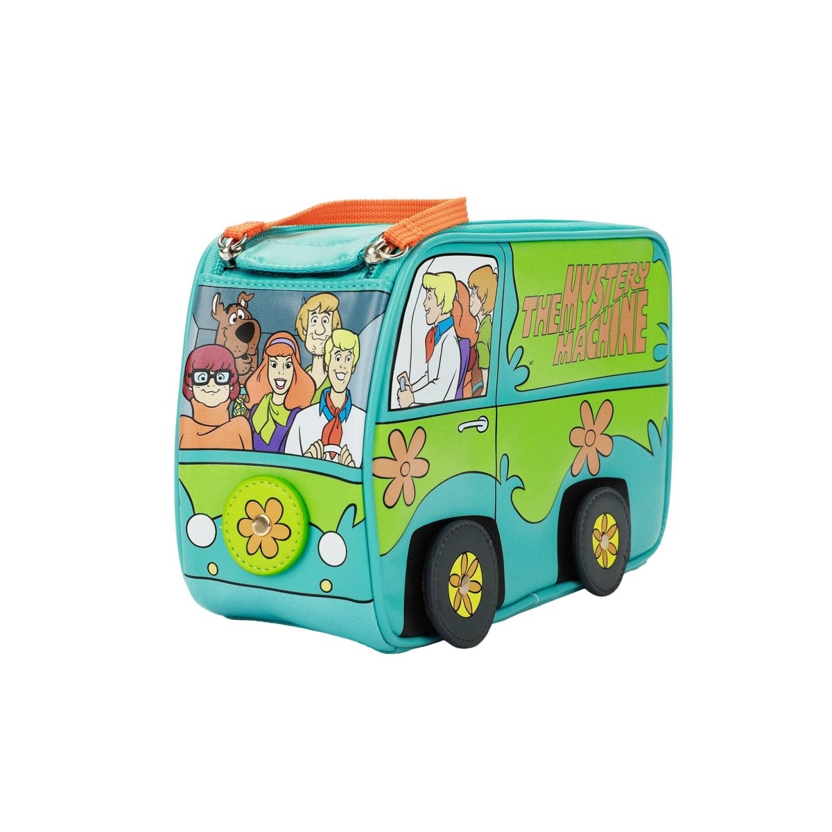 Colorful bag designed like a van from a cartoon series on a white background