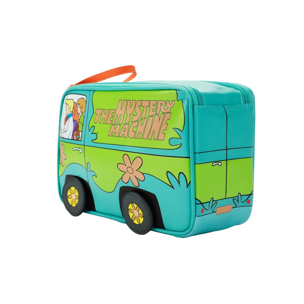 Colorful 'Mystery Machine' lunch box with cartoon design on a white background