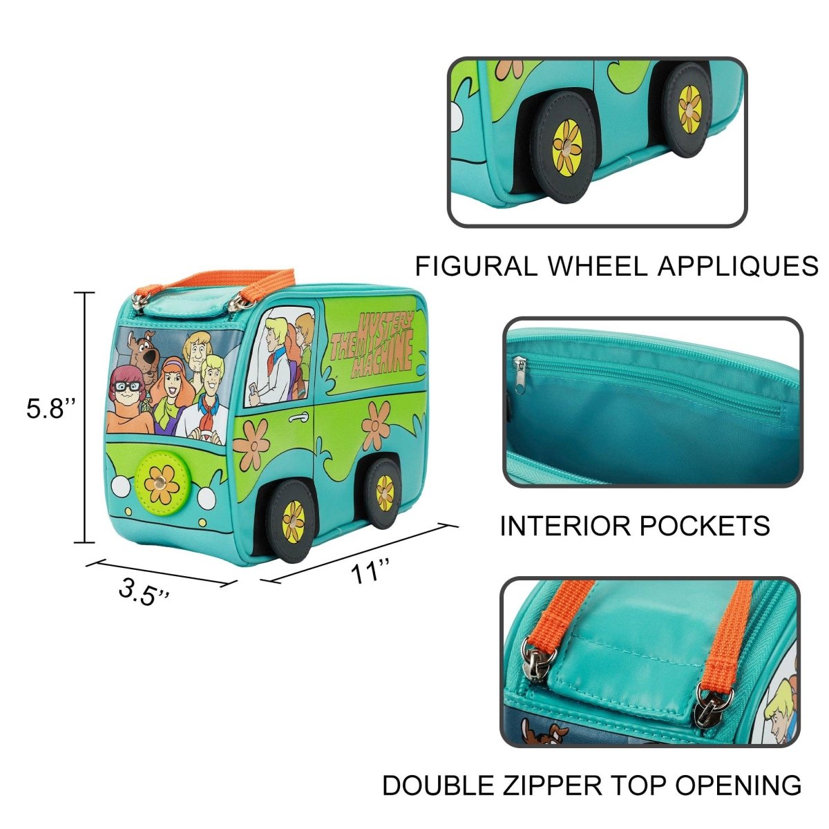 Teal and green vehicle-shaped pouch with character appliqués and features highlighted.