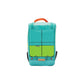 Teal and green suitcase with cartoon design on a white background