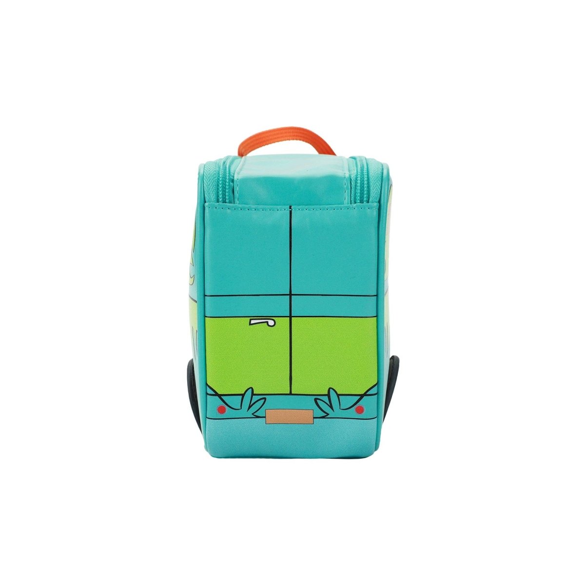 Teal and green suitcase with cartoon design on a white background