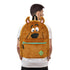 Person wearing a brown backpack with cartoon face design on a white background