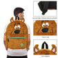 Plush backpack with cartoon face design, shown on a person and with close-up details.