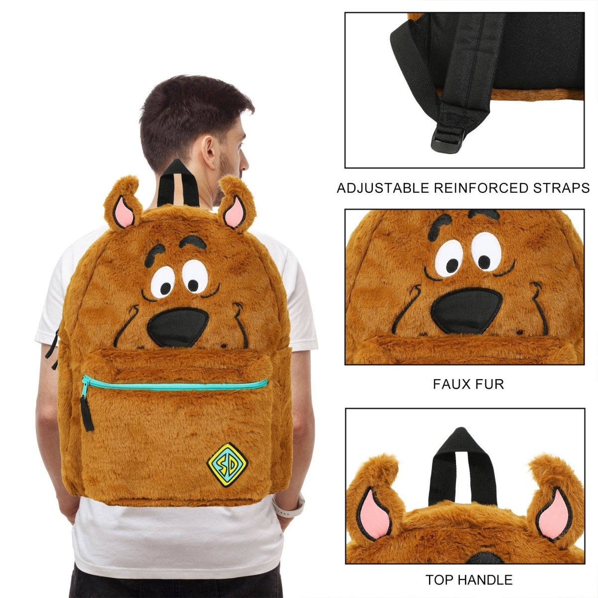 Plush backpack with cartoon face design, shown on a person and with close-up details.