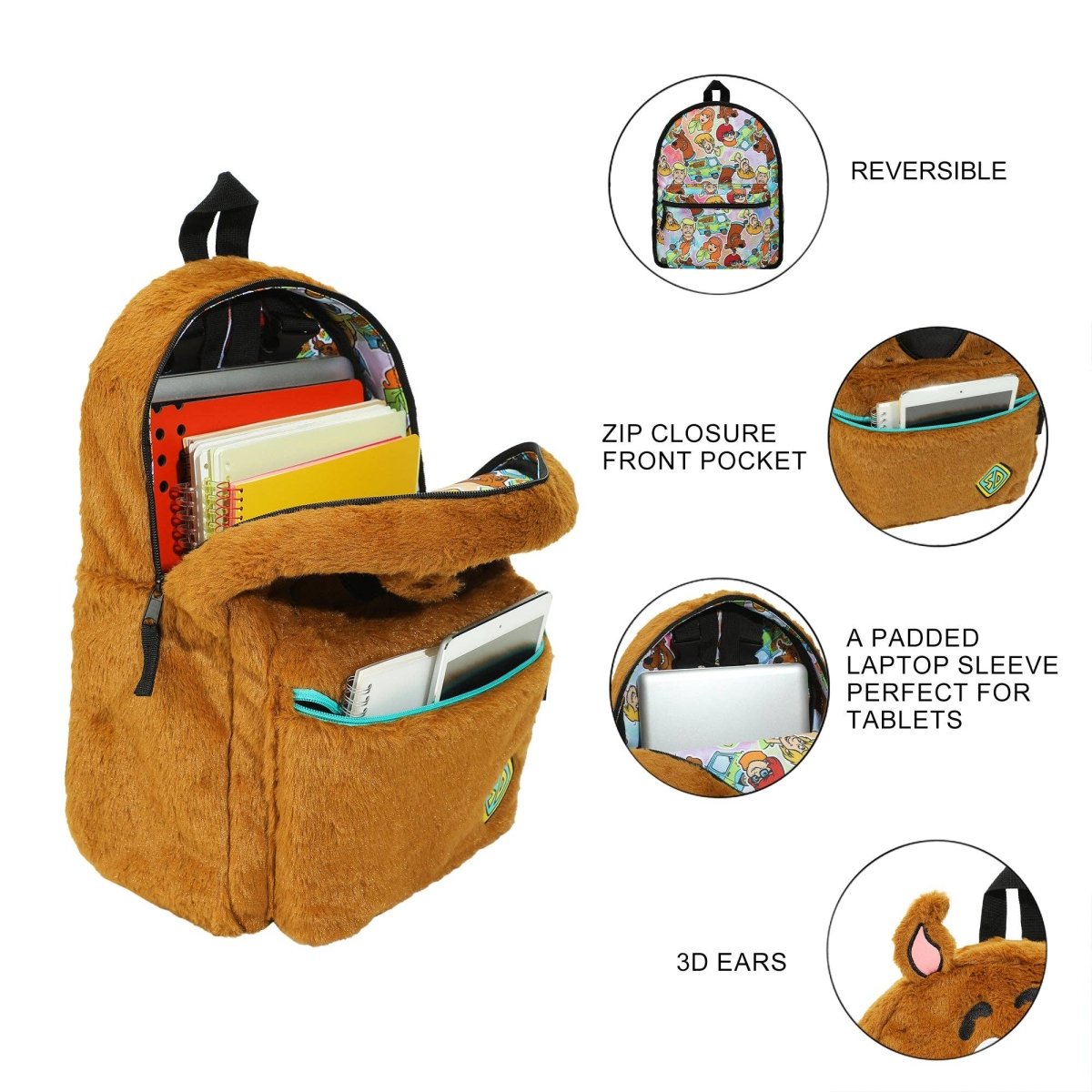 Brown plush backpack with features highlighted on a white background