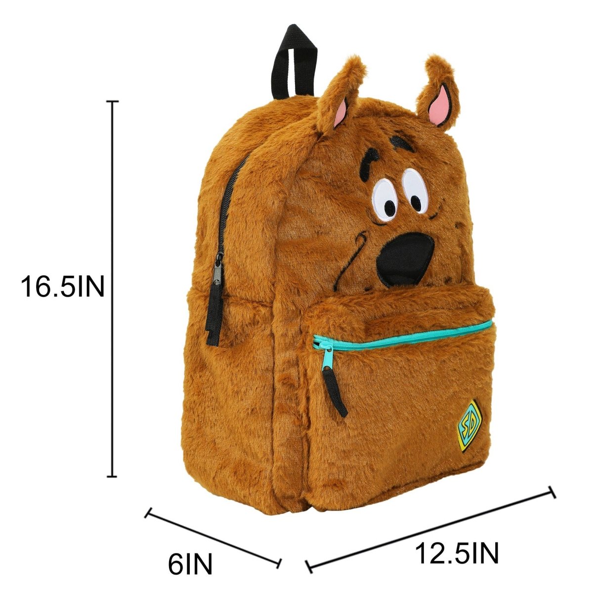 Plush backpack with cartoon character face, dimensions indicated, on a white background