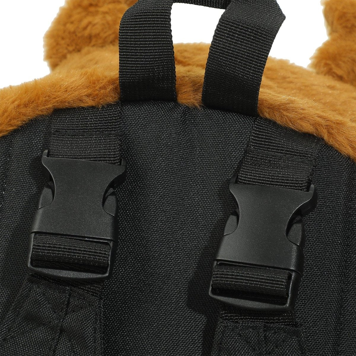 Close-up of a black backpack with brown fur trim on a white background