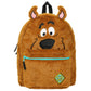 Brown plush backpack with cartoon face design on a white background
