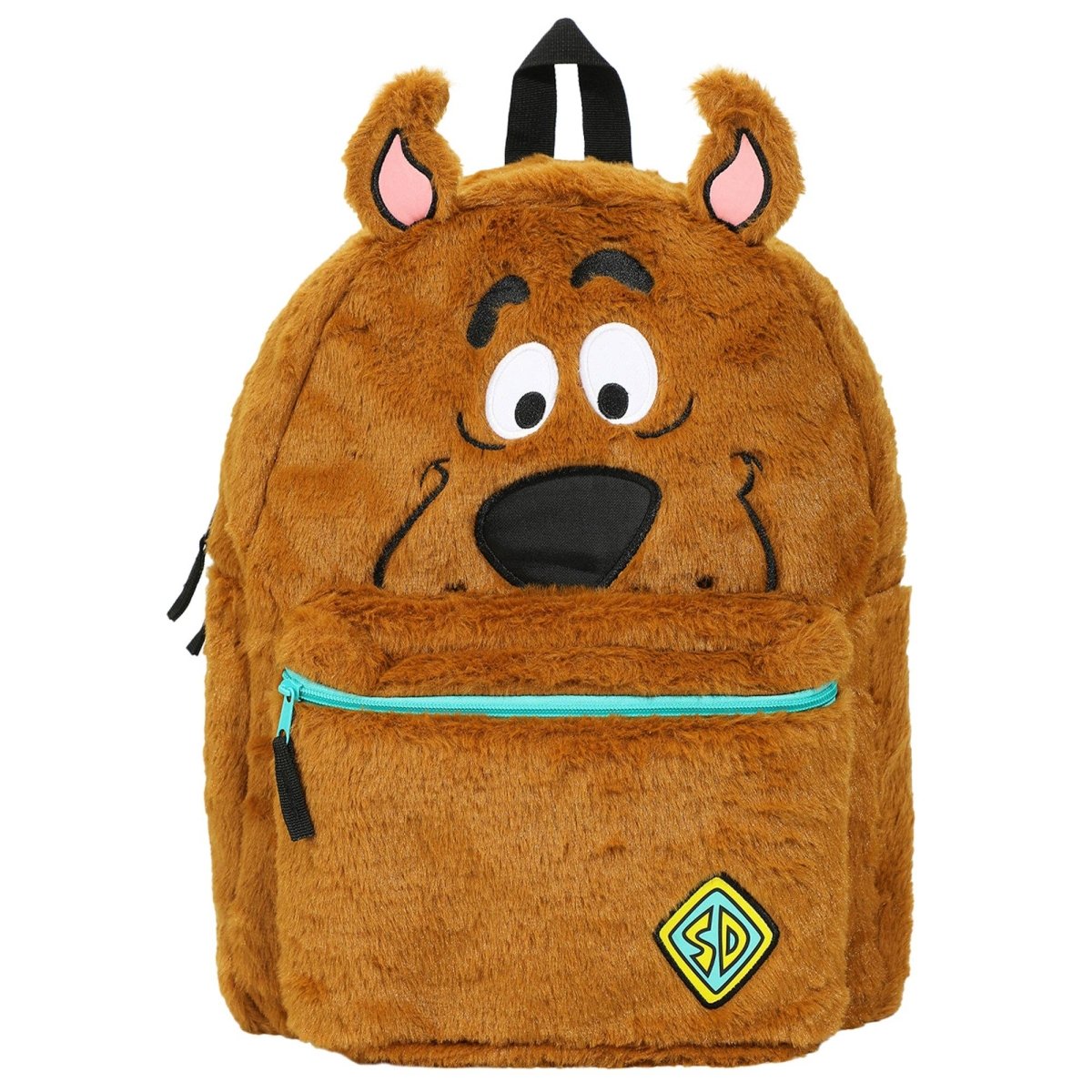 Brown plush backpack with cartoon face design on a white background