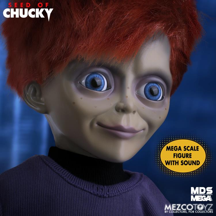 Mega scale figure with sound from 'Seed of Chucky' by Mezco Toyz against a blue background.