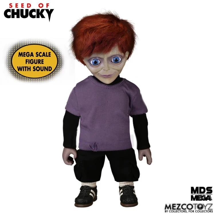 Mega scale figure of a character from 'Seed of Chucky' with red hair and purple shirt on a white background.