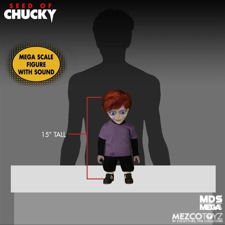 Seed of Chucky collectible figure by Mezco Toyz, shown on a size diagram with a 15-inch height marker and a large black silhouette backdrop. The figure has red hair, a purple shirt, black pants, and glasses.