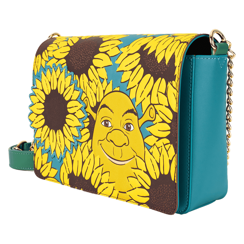 Shrek and Donkey illustrated on a floral sunflower background crossbody purse

