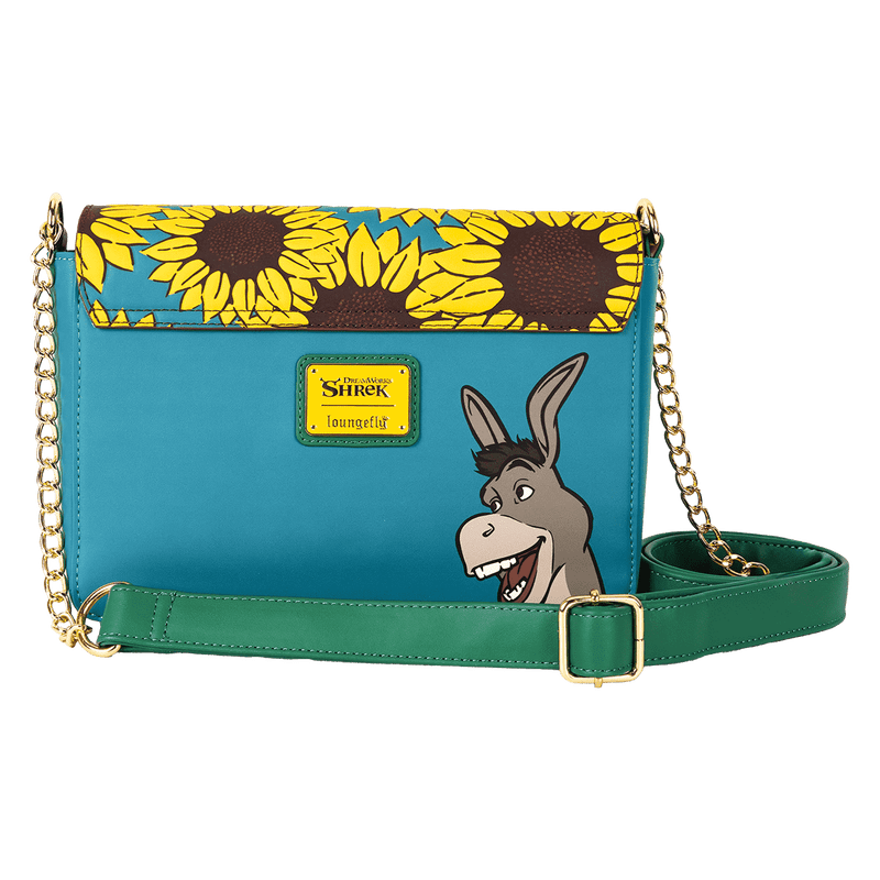 Floral-themed Loungefly crossbody purse showing Shrek and Donkey characters

