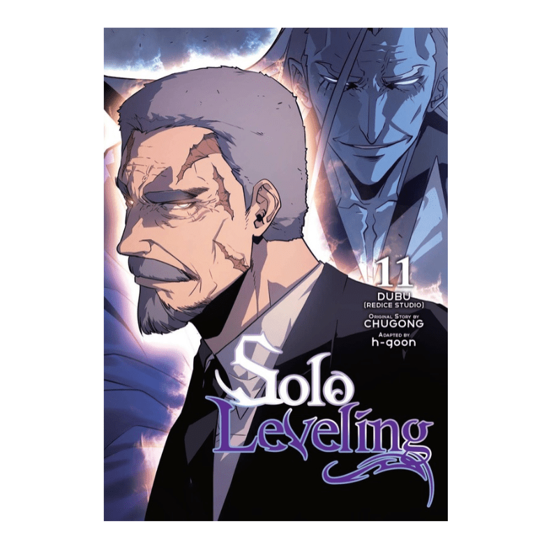 Solo Leveling volume 11 manga book cover featuring Sung Jinwoo in the foreground and a blue-toned silhouette of the Demon King in the background, with the title 'Solo Leveling' and creator name Chung N-geoon visible.