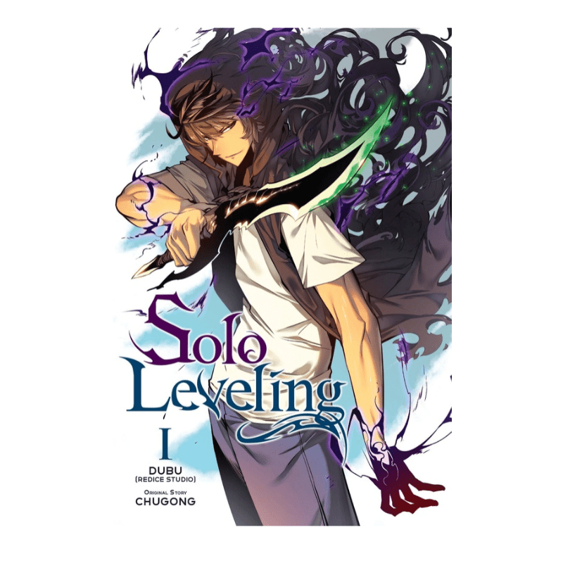 Solo Leveling Volume 1 manga book cover featuring an anime-style illustration of a male character with dark hair and purple energy effects, holding a glowing green blade, with the title 'Solo Leveling' and volume number 'I' on a white background.