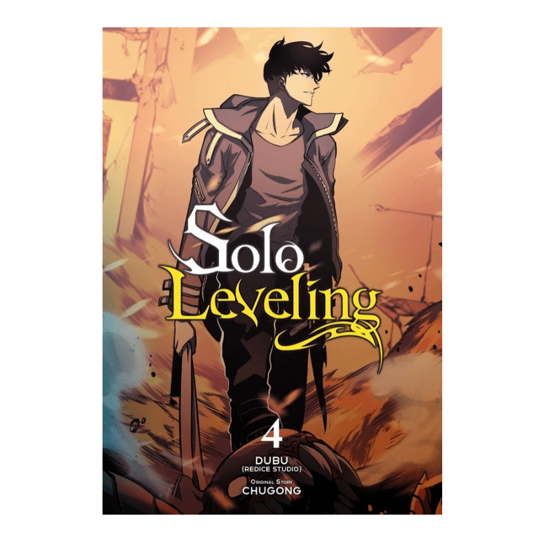 Solo Leveling Volume 4 manga book cover featuring an illustrated male character in a dark jacket and pants against a warm orange-brown background, with the title 'Solo Leveling' and publisher text 'DUBU (IMAGE STUDIO)' and 'CHUGONG' visible.