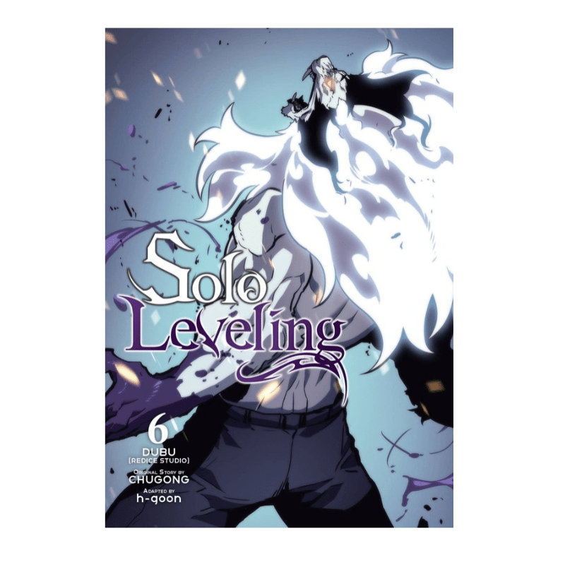 Solo Leveling Volume 6 book cover featuring an anime-style illustration of Sung Jinwoo with his signature white and black cape, set against a light blue background with the title 'Solo Leveling' in stylized purple and white lettering.