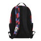 Black backpack with colorful geometric pattern on a white background