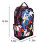 Backpack with a character design and measurements on a white background