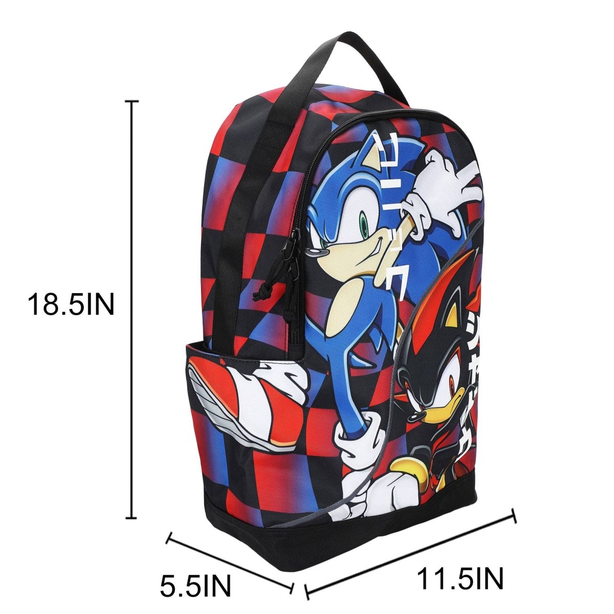 Backpack with a character design and measurements on a white background