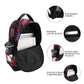 Black backpack with colorful geometric pattern, interior laptop sleeve, and water bottle pockets on a white background.