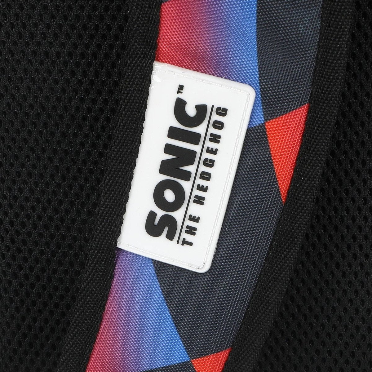 Backpack with a 'Sonic the Hedgehog' logo on a colorful strap